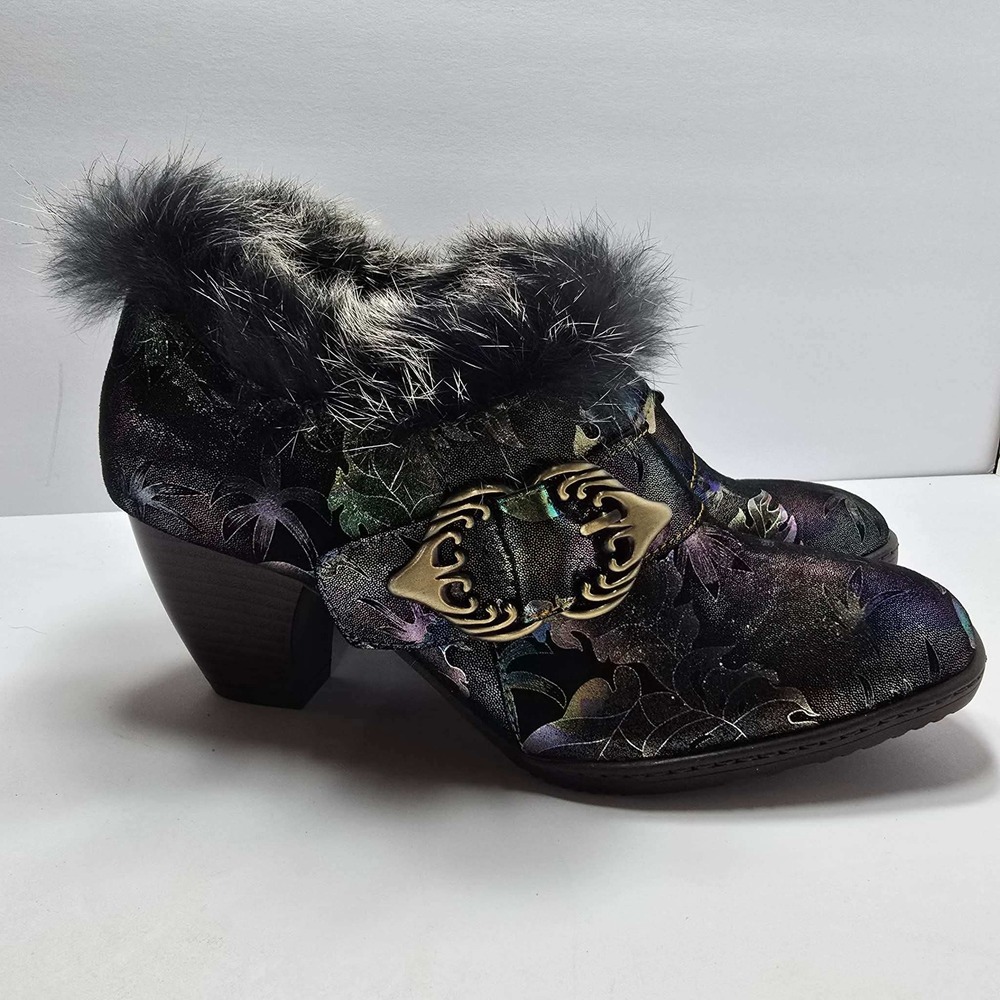 Metcandy Womens Iridescent Floral Faux Fur Trim Ankle Boots Black Size 39 Buckle